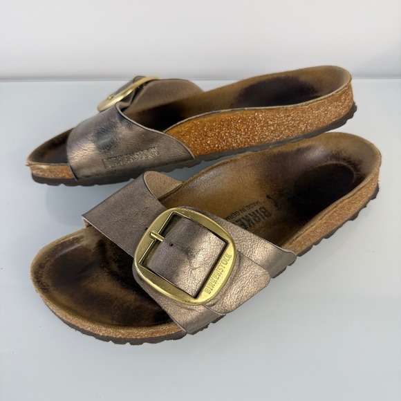 Birkenstock Shoes - Revolve Birkenstock Madrid Big Buckle Women 38 Taupe Metallic Slide Sandal